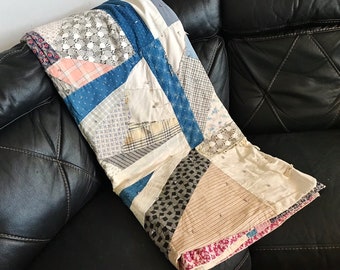 Vintage CRAZY QUILT, 1940's Linens, Bed Linens, BLanKeT, Vintage Home, PerFeCT for CrAFTs, Machine Made PaTch Work, 69" x 84", CottageCore