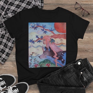Women&#39;s Midweight Cotton Tee, magical wolf /woman print t-shirt, colorful design, gift for her