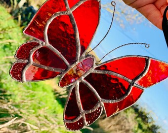 Red Stained Glass Butterfly Suncatcher, Iridescent Window Decor