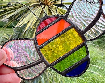 Rainbow Stained Glass Bee Suncatcher: Iridescent Window Decor