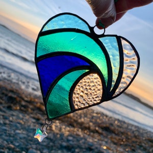 Stunning Sea blue Seascape/ Wave  Stained Glass Heart Suncatcher with pretty iridescent glass star