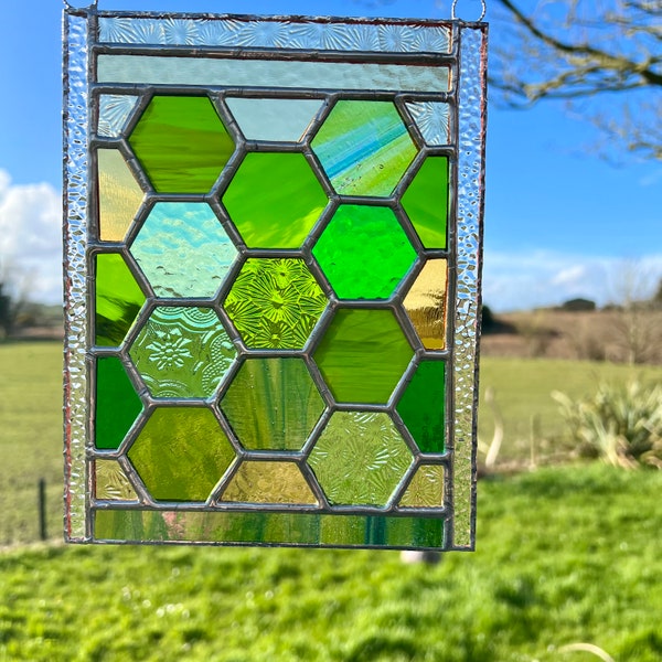 Stained Glass Honeycomb Panel in gorgeous greens including lots of textures.