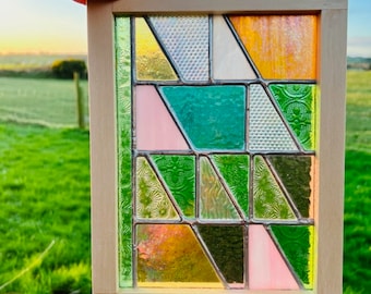 Mini Stained Glass Window - Framed Stained Glass window panel featuring lots of different pretty pastel colours &  textures