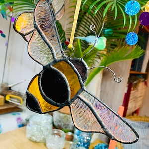 Stained Glass Bee Suncatcher, Iridescent Amber & Black