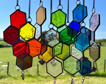 Honeycomb Stained Glass Suncatcher with Bronze Bee Charm (6 inch)