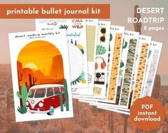DESERT ROAD TRIP Monthly Printable Sticker Kit | Bullet Journal Kit | Van Life, roadtrip, desert sticker sheet theme | Digital Download
