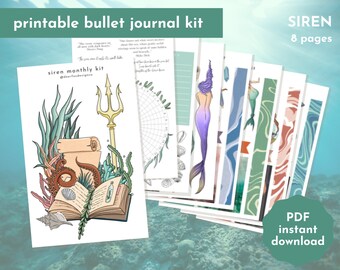 SIREN Monthly Printable Sticker Kit | August Bullet Journal Kit | Siren, mermaid, sea, ocean sticker sheet theme | Digital Download