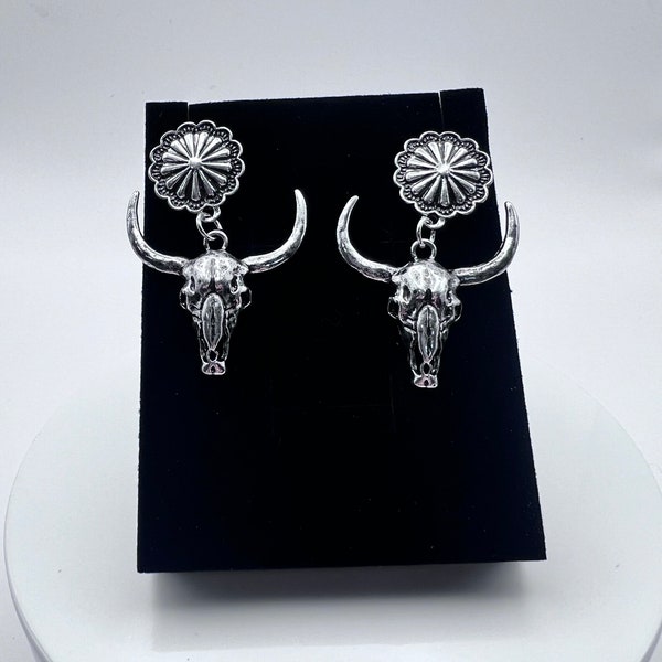 Boho Flower and Bull Cow Skull Stud Earrings!