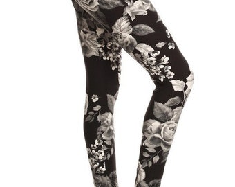 X-Plus Weiße Rose Leggings | Yogahose | Blumendruck | Florale | Druck | Mode | Rosen | Rosen |  Leggings | Schwarze | Weißer | Grau