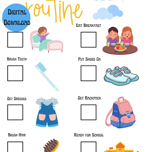 Morning Routine for Kids getting ready for school, help your child build independent skills by checking off morning tasks, personalized