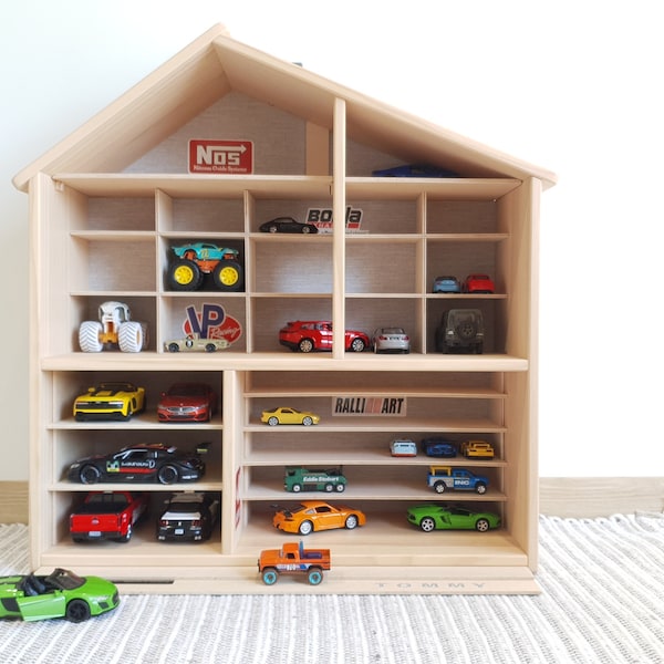 Personalised Wooden Toy Car Garage for Hot Wheels, Matchbox, Diecast Cars, Kids Storage Organizer Display