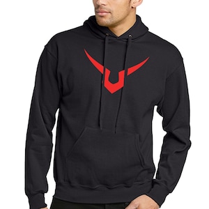 May include: Black hooded sweatshirt with a red stylised symbol on the front.