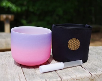 440Hz 8inch C note Root Chakra Bicolor Gradient Frosted Crystal Singing Bowl with black soft bag, mallet and rubber O-ring
