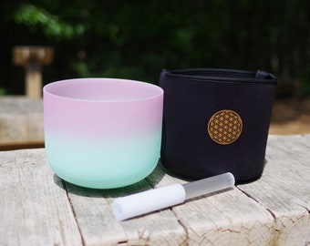 440Hz 8"F note Heart Chakra Bicolor Gradient Frosted Crystal Singing Bowl with black soft bag, mallet and rubber O-ring