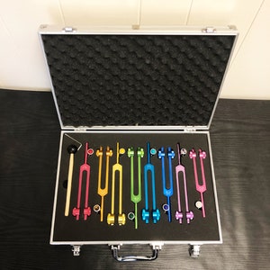 Chakra Tuning Fork Set: 8 Metal Forks with Gem Foot, Mallet & Case