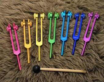 Metal Tuning Fork 7 Chakra set with 7 soft bags and mallet Weighted Tuning Forks for Sound Healing Balancing mind and body health meditation