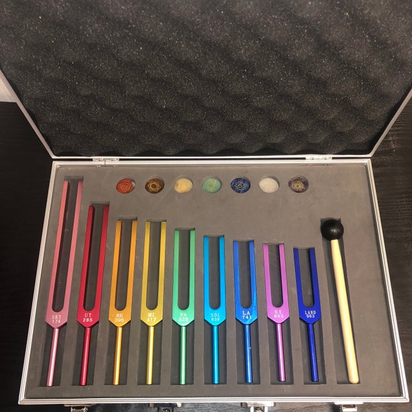 9 Tuning Forks + 7 Chakra Energy Stones + 1 Mallet + 1 Case SET for Sound Healing with Individually Marked Chakra meditation Solfeggio Fork