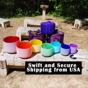 432HZ Perfect Pitch 6&#39;&#39;-12&#39;&#39; Chakra Colors Crystal Singing Bowl Set with Hard Bags, Free Mallets and 7pcs O-rings