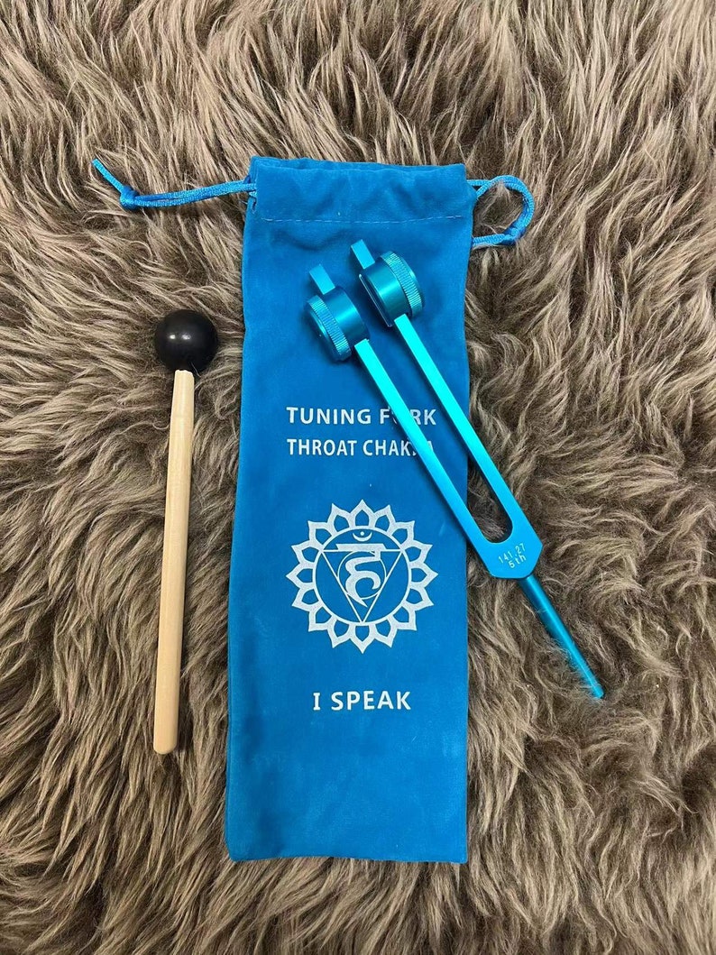 Weighted tuning fork 7 chakra 7 soft bags 7 mallets SET. Sound Healing with Individually Marked Chakra meditation tools Single fork (Blue)