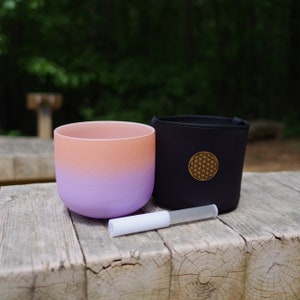 440Hz 8in B note Crown Chakra Bicolor Gradient Frosted Crystal Singing Bowl with black soft bag, mallet and rubber O-ring