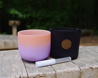 440Hz 8in B note Crown Chakra Bicolor Gradient Frosted Crystal Singing Bowl with black soft bag, mallet and rubber O-ring