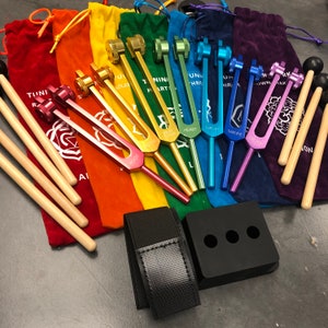 7 Tuning forks 7 Piece Mallets 7 Flannel bags with 7 crystal chakra stickers for sound healing meditation feeling peace and love