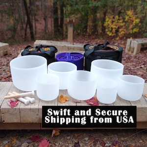 Frosted Quartz Crystal Singing Bowl Set: 7 Chakra Bowls with Mallets & Bags