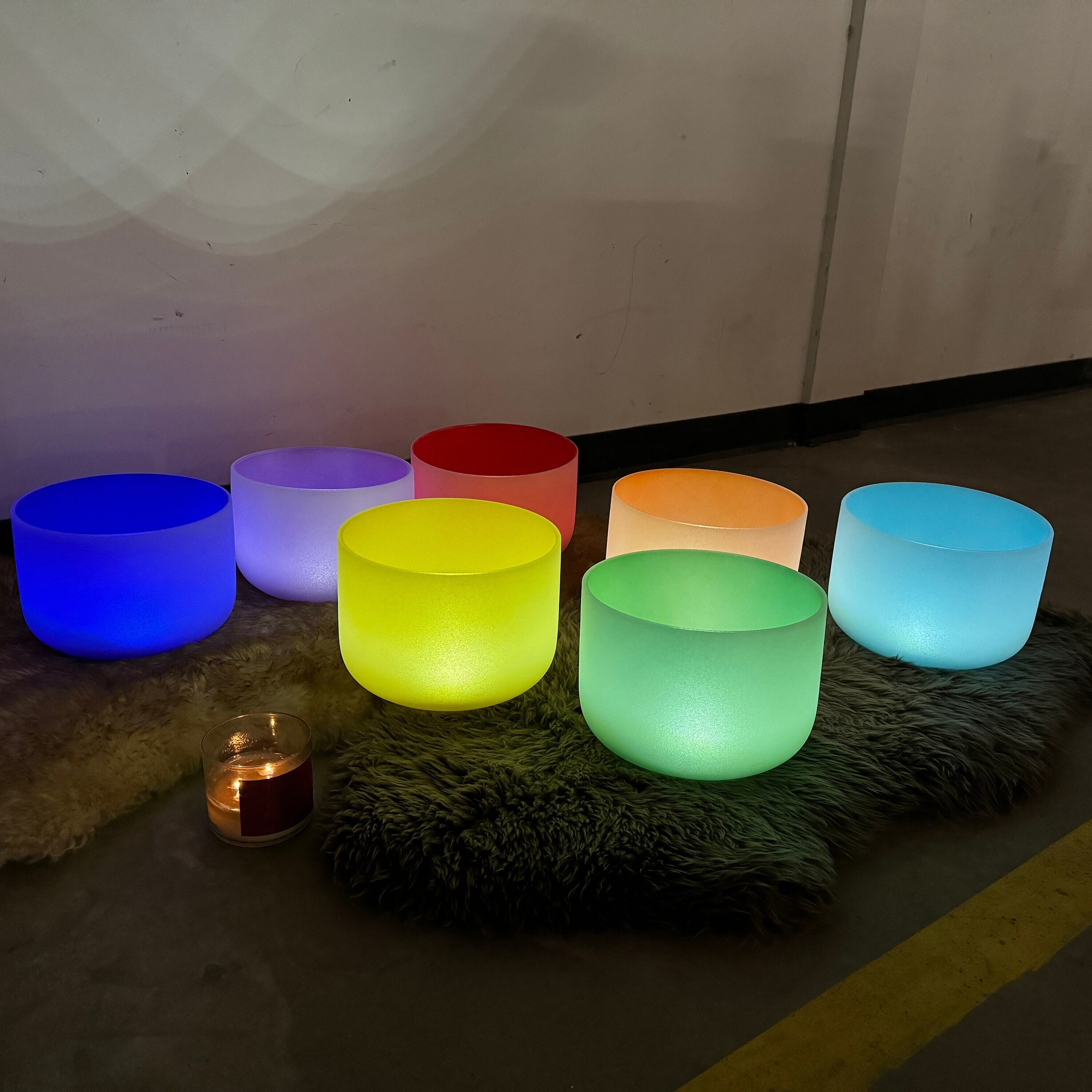 Frosted Quartz Crystal Singing Bowl Set: 7-note Color Bowls With