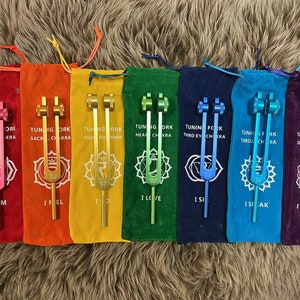 Weighted tuning fork 7 chakra + 7 soft bags + 7 mallets SET. Sound Healing with Individually Marked Chakra meditation tools