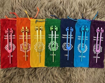 Weighted tuning fork 7 chakra + 7 soft bags + 7 mallets SET. Sound Healing with Individually Marked Chakra meditation tools