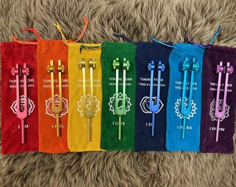 Weighted tuning fork 7 chakra + 7 soft bags + 7 mallets SET. Sound Healing with Individually Marked Chakra meditation tools