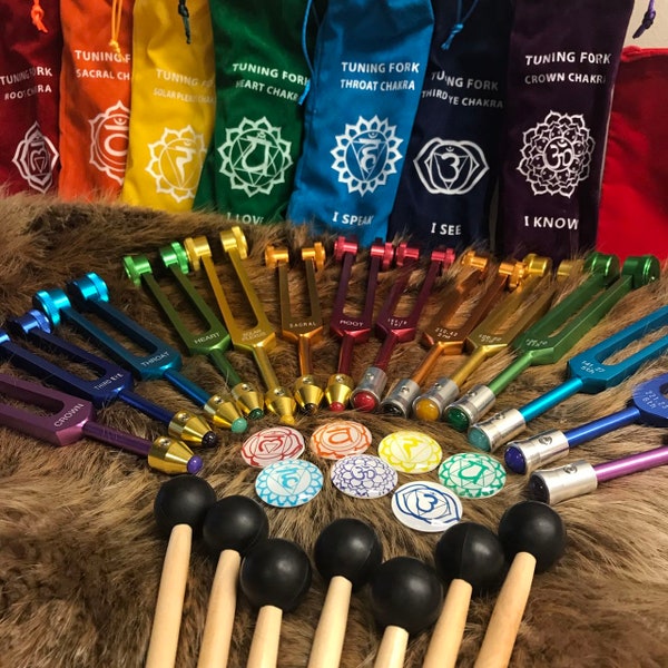 7pcs Metal weighted Tuning Forks with gem foot | 7 Chakras soft bags | 7 wooden mallets | 7 chakra 3D Domed Stickers