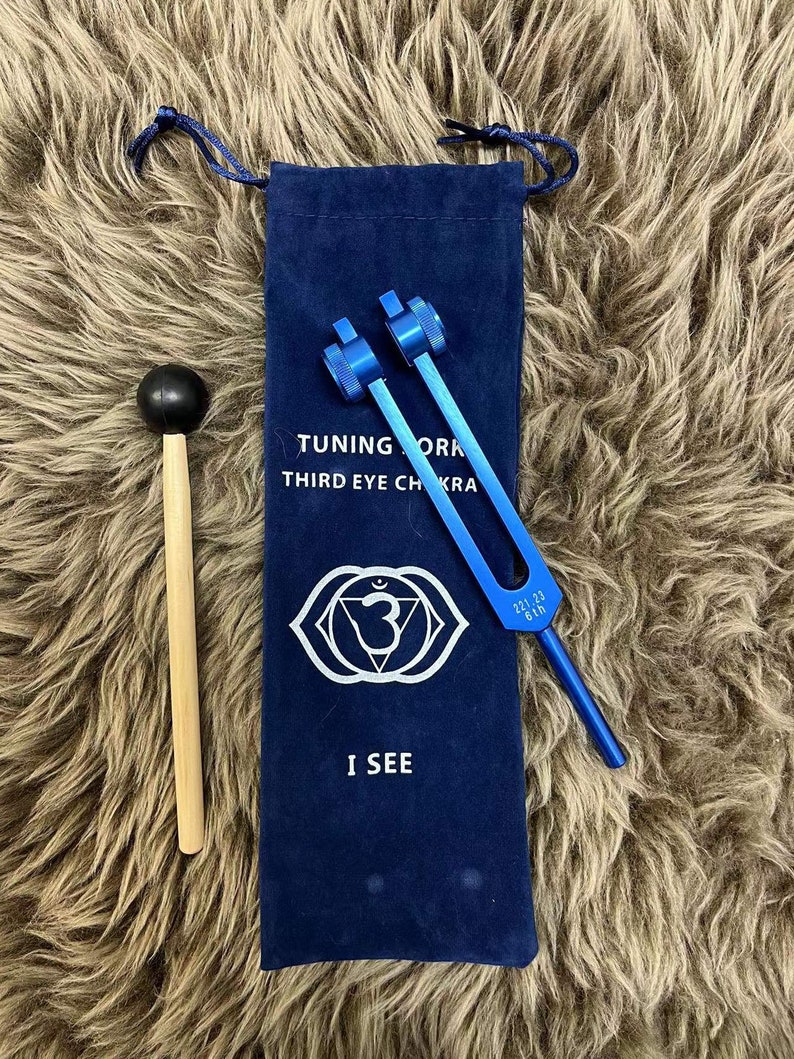 Weighted tuning fork 7 chakra 7 soft bags 7 mallets SET. Sound Healing with Individually Marked Chakra meditation tools Single fork (Indigo)