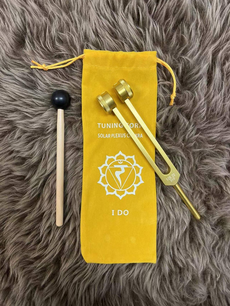 Weighted tuning fork 7 chakra 7 soft bags 7 mallets SET. Sound Healing with Individually Marked Chakra meditation tools Single fork (Yellow)