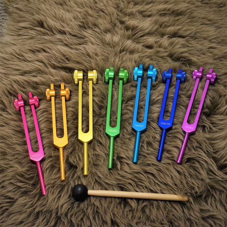 Weighted tuning fork 7 chakra 7 soft bags 7 mallets SET. Sound Healing with Individually Marked Chakra meditation tools image 2