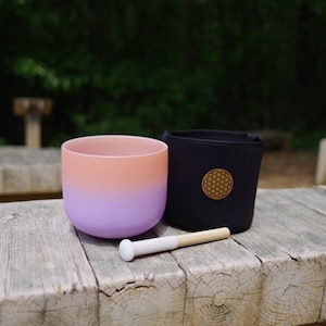 440Hz 8in B note Crown Chakra Bicolor Gradient Frosted Crystal Singing Bowl with black soft bag, mallet and rubber O-ring