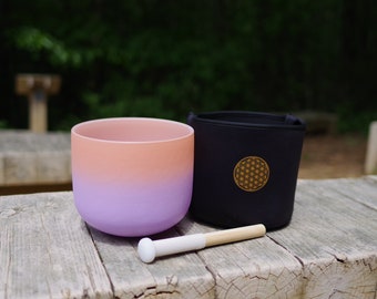 440Hz 8in B note Crown Chakra Bicolor Gradient Frosted Crystal Singing Bowl with black soft bag, mallet and rubber O-ring
