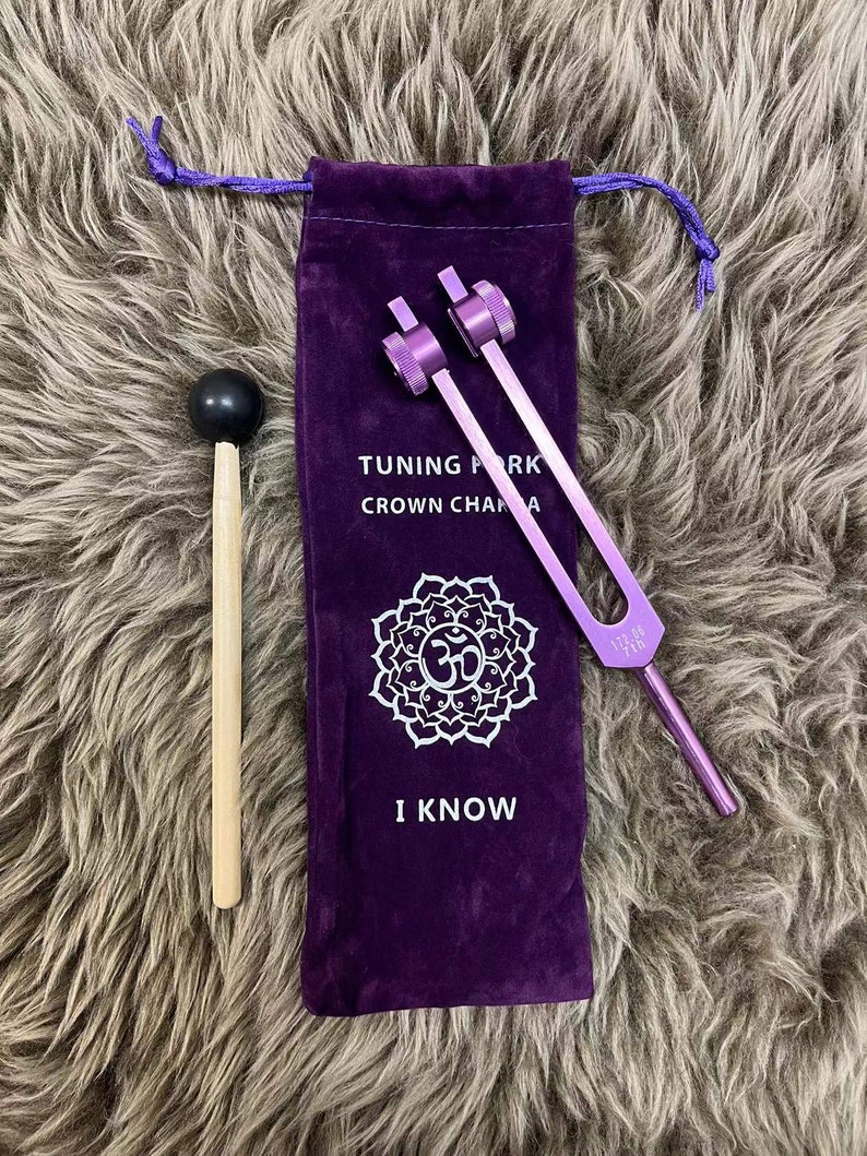 Weighted tuning fork 7 chakra 7 soft bags 7 mallets SET. Sound Healing with Individually Marked Chakra meditation tools Single fork (Purple)