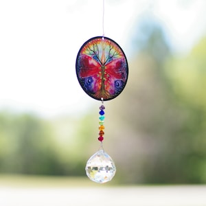 Crystal Suncatcher: Tree of Life Charm, Chakra Beads, Window Decor