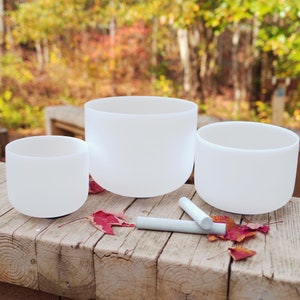 Crystal Singing Bowls Set: 3 White Sound Healing Bowls with Mallets
