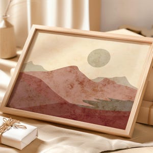 Bohemian landscape artwork. Boat on the shore. Orginal seascape with boho sunset. Digital art with waves easy to print. Printable gift.