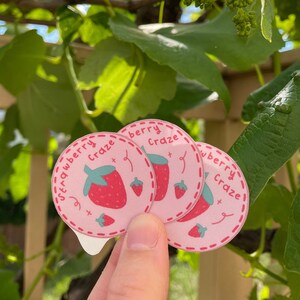 May include: Three pink and white round stickers with a red strawberry and the text "strawberry craze" in a pink cursive font.