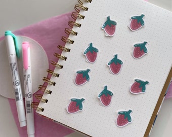 Erdbeer Sticker Pack (10 Stück), Kleine süße Sticker, Wetterfeste Sticker, Kawaii Sticker, Bujo Sticker, Deko Sticker
