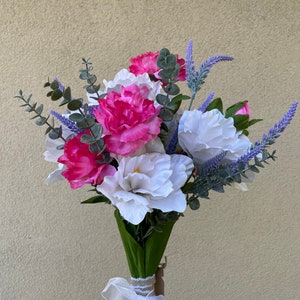 Faux spring bouquet, artificial flowers, flower arrangement, peonies, eucalyptus, lavender, white flower bouquet, colorful flowers, floral