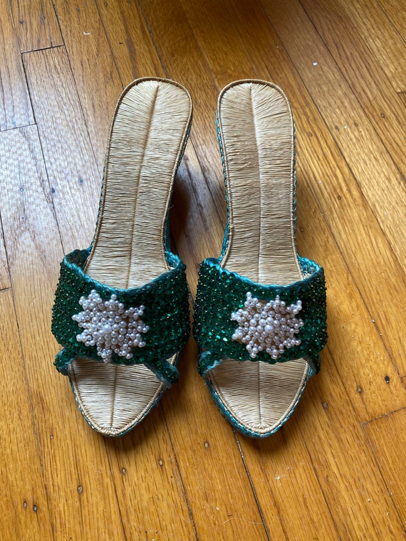 Vintage Sequin and Faux Pearl Wedge Slides - image 1