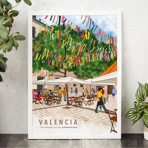 Valencia Place Drawing Print, Valencia Travel Poster, Valencia Kleurrijke Kunst, Spanje Travel Print, Travel Art Collection, Home Art Decoration