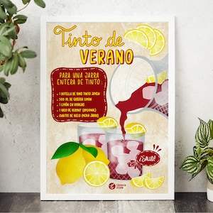 Impresión española del famoso cóctel Tinto de Verano, cartel de arte colorido del cóctel, impresión de viajes de España, colección de arte de viajes, decoración de arte del hogar