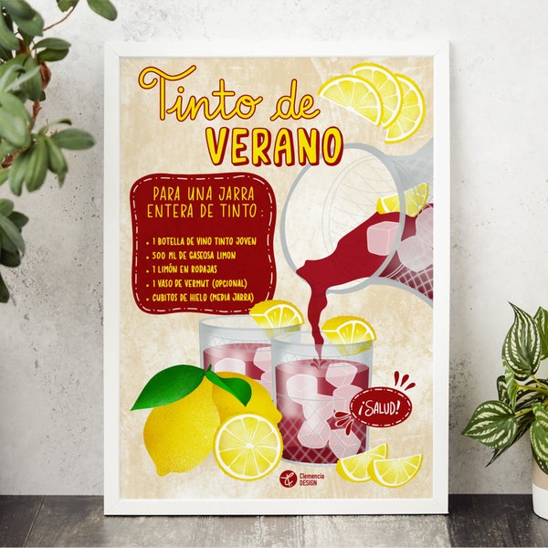 Spanish Famous Cocktail Tinto de Verano Print, Cocktail Colourful Art Poster, Spain Travel Print, Travel Art Collection, Home Art Decoration