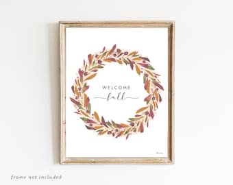 Customizable Welcome Fall Print, Neutral Fall Wreath Floral Watercolor, Wall Art, Watercolor Painting, Watercolor Flowers