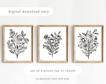 Descarga Digital Flores de acuarela neutra de primavera, Botánico en blanco y negro, Arte mural floral, Arte mural simple, Set de 3, Impresión de arte moderno